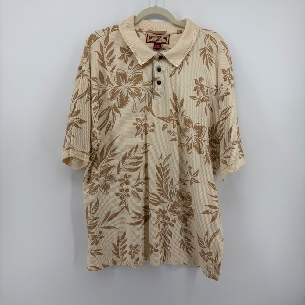 Caribbean Joe Men XL Beige Floral Polo Shirt Short Sleeve Ribbed Cotton Tropical